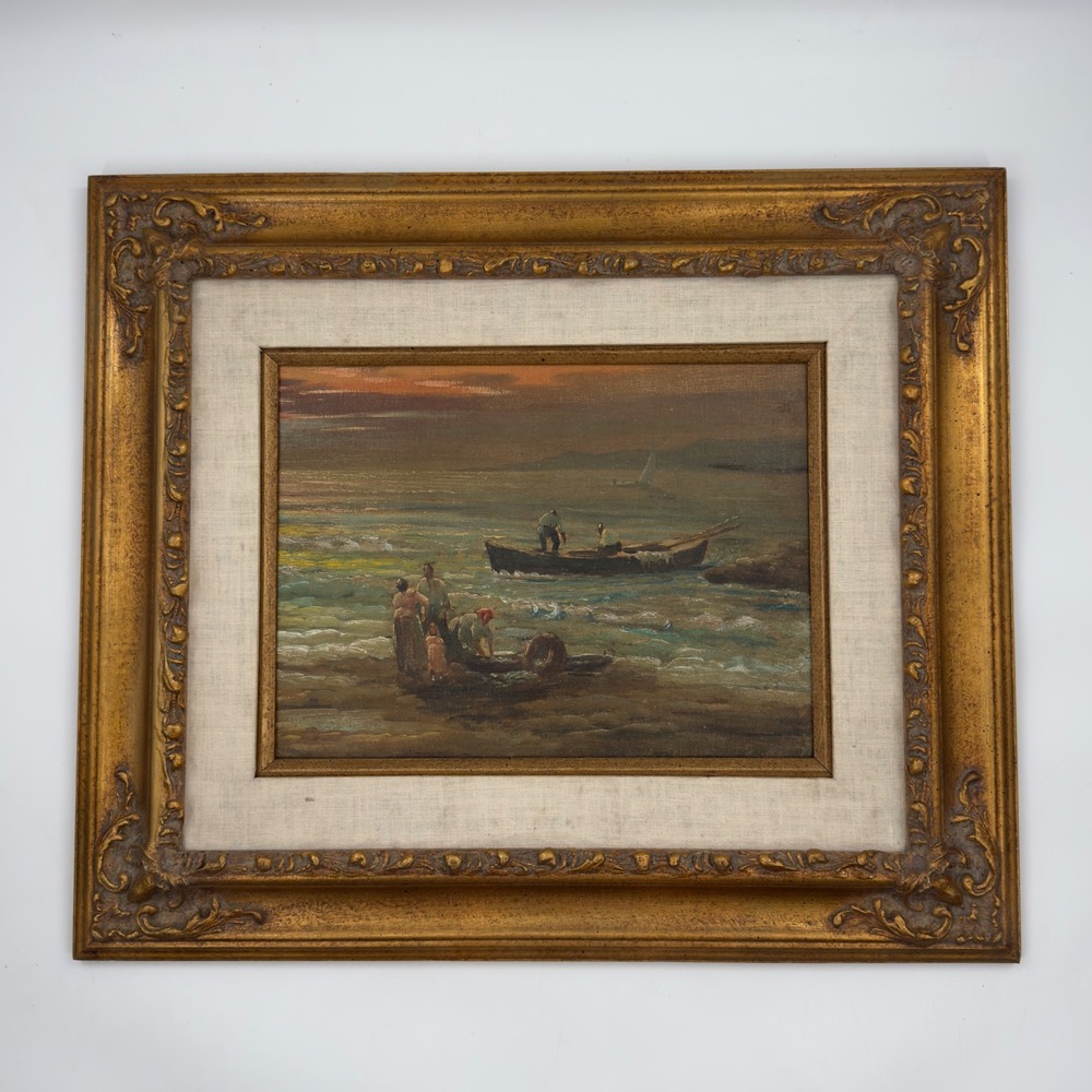 Antique Italian Coastal Village Fishermen Oil Painting Salvaged Canvas Fragment